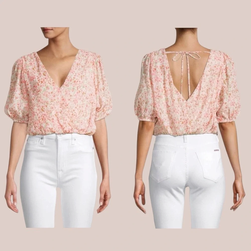 NWT Lush Flirty Pink Floral Crinkle Surplice Half Sleeve V Neck Crop Top | S - Picture 9 of 11